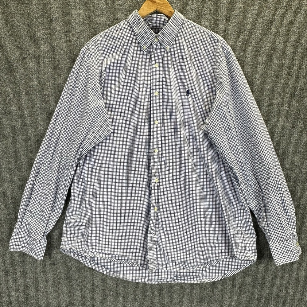 Ralph Lauren Dress Shirt Men's XXL Blue Gray White Plaid Button Up Cotton 100%